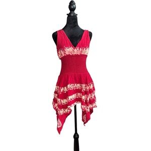 VTG Boho Beach Dress v neck stretchy waist flowy hem in red Tye dye w/embroidery